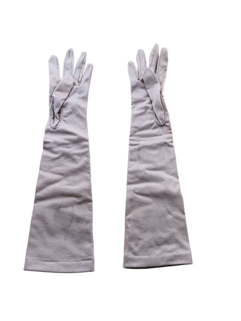 Vintage Long Beige Gloves 100% Nylon Womens Size 7.5 Elegant Design